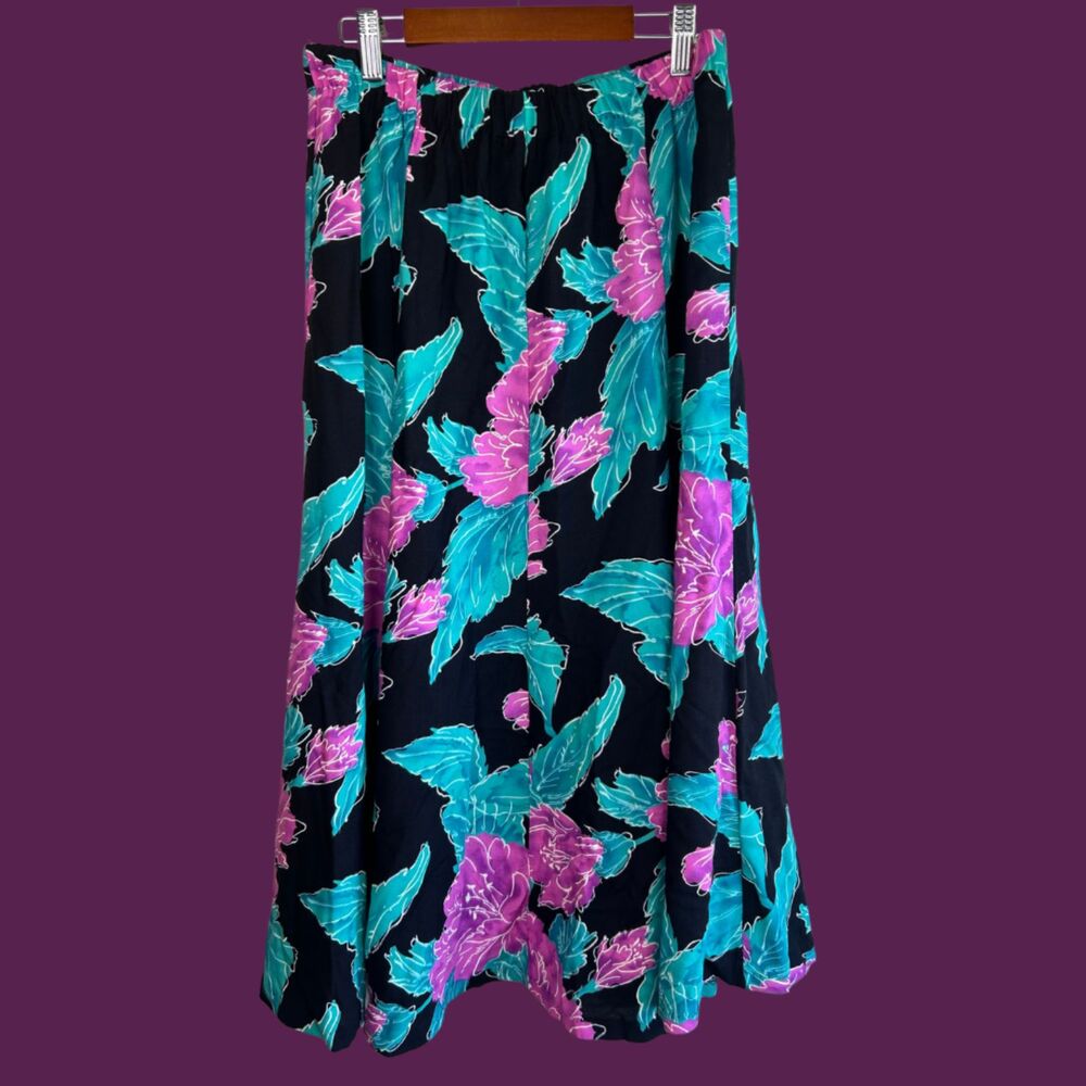 Vintage 80s Jinny Jin Floral Print Flowy Maxi Skirt